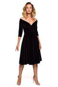 Robe soirée velours noir élégante épaules dénudées coupe évasée rétro moderne femmes ajustée