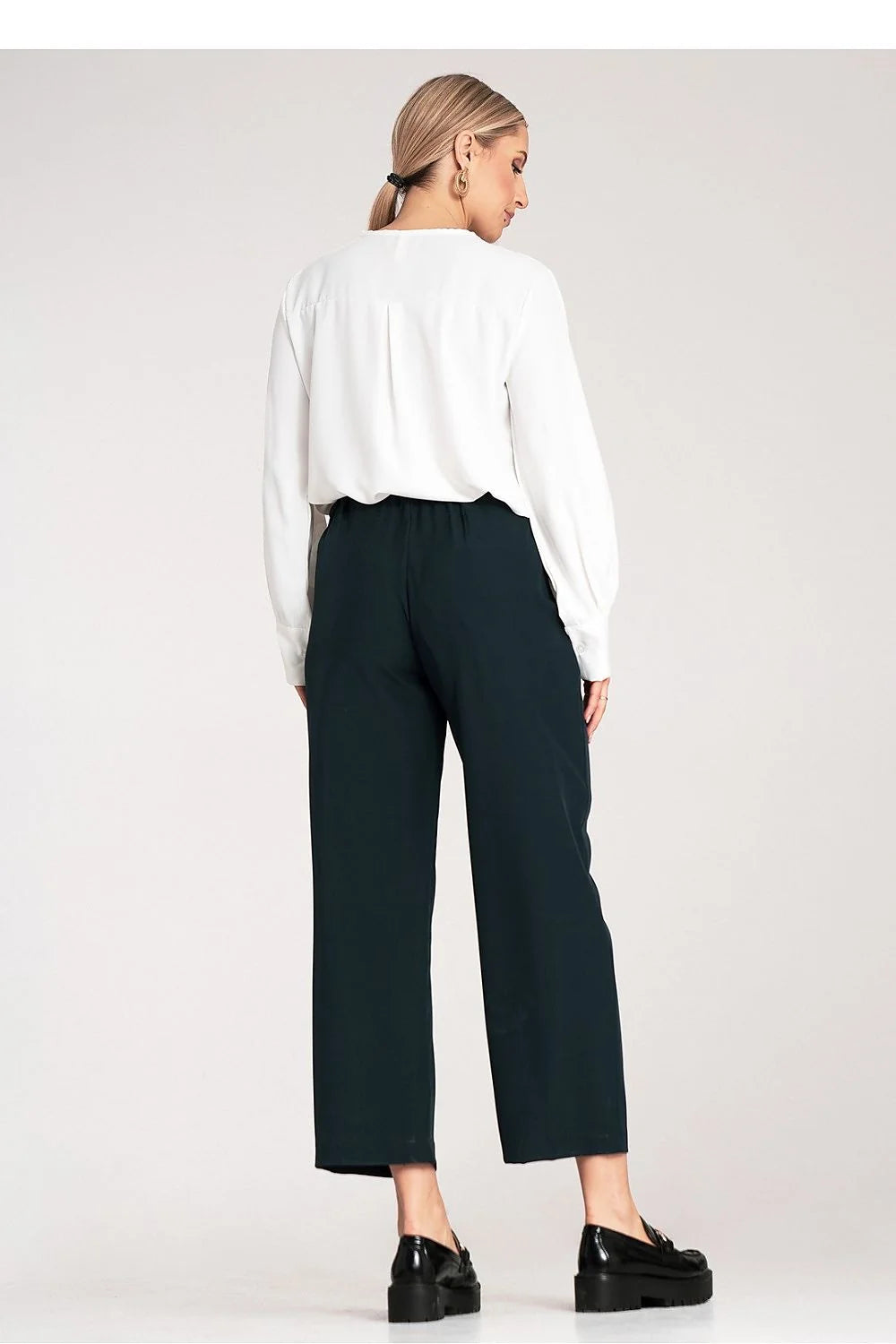 Pantalon femme élégant large taille haute avec boutons détails plis polyester élasthanne 5% couleur bleu marine foncé