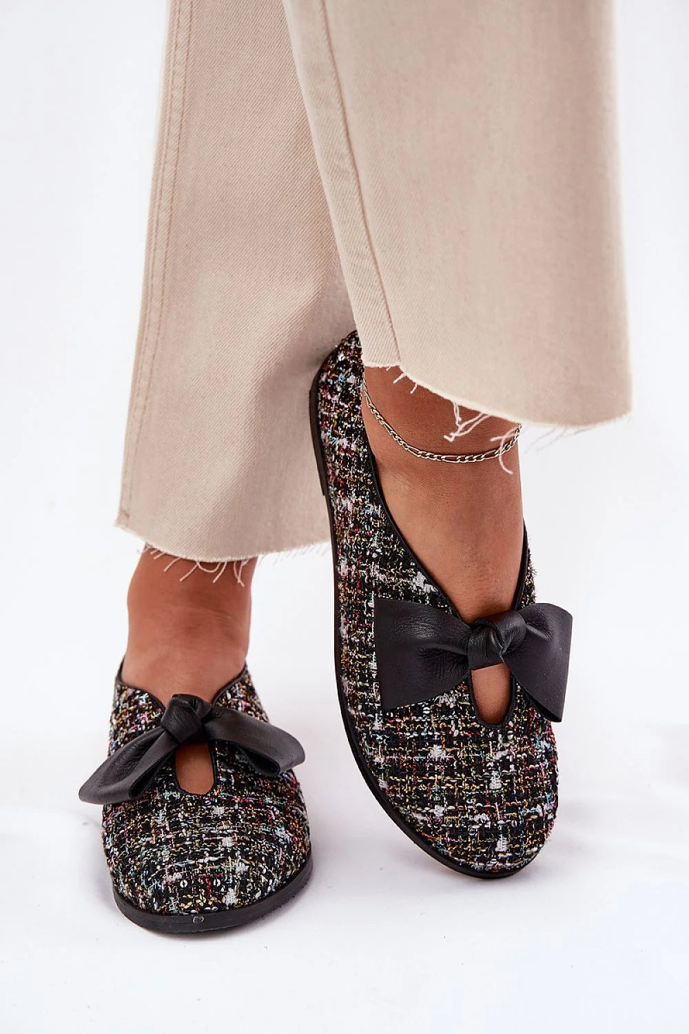 ballerines élégantes multicolores tweed bouclé bout rond nœud suedette noire empeigne découpée semelle caoutchouc basse cuir confort ergonomique