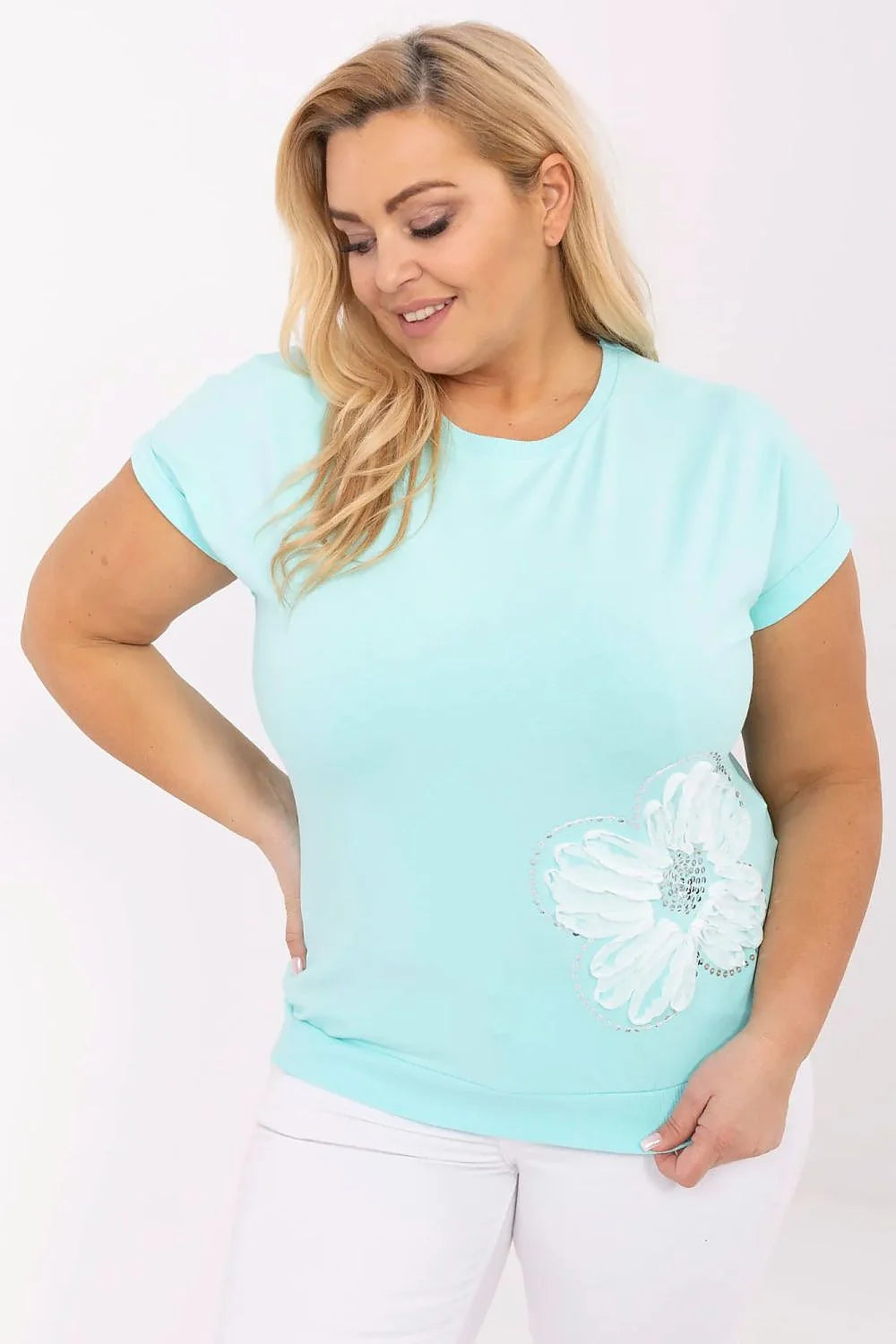 Chemisier grande taille Relevance style décontracté manches courtes motif floral paillettes coton élasthanne femmes