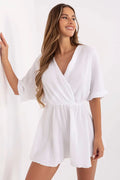 Robe estivale décontractée pour femme en coton gaufré blanc court manches mi-longues encolure V portefeuille sans fermeture