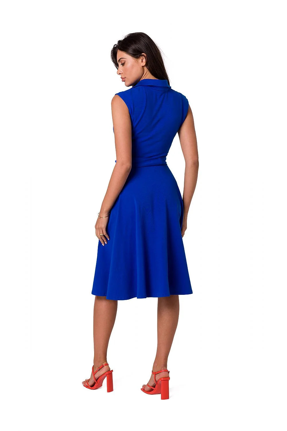 Robe de jour sans manches élégante verte vif ceinture assortie col chemise femmes coton elasthanne taille ajustable occasionnels