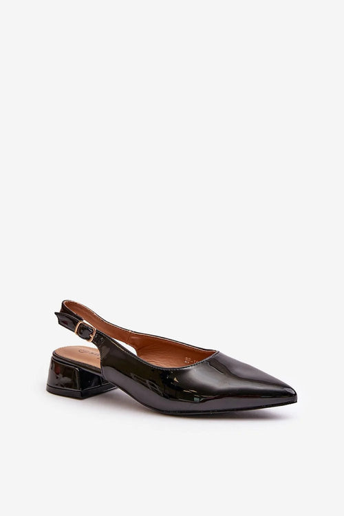 Ballerines vernies à talon bas bloc style slingback bout pointu cuir artificiel noir femme talon ouvert 3.5 cm