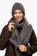 bonnet écharpe cachemire laine mohair grosse maille pelucheuse gris anthracite côtelé ajusté volumineuse texture chaud douillet respirant protecteur