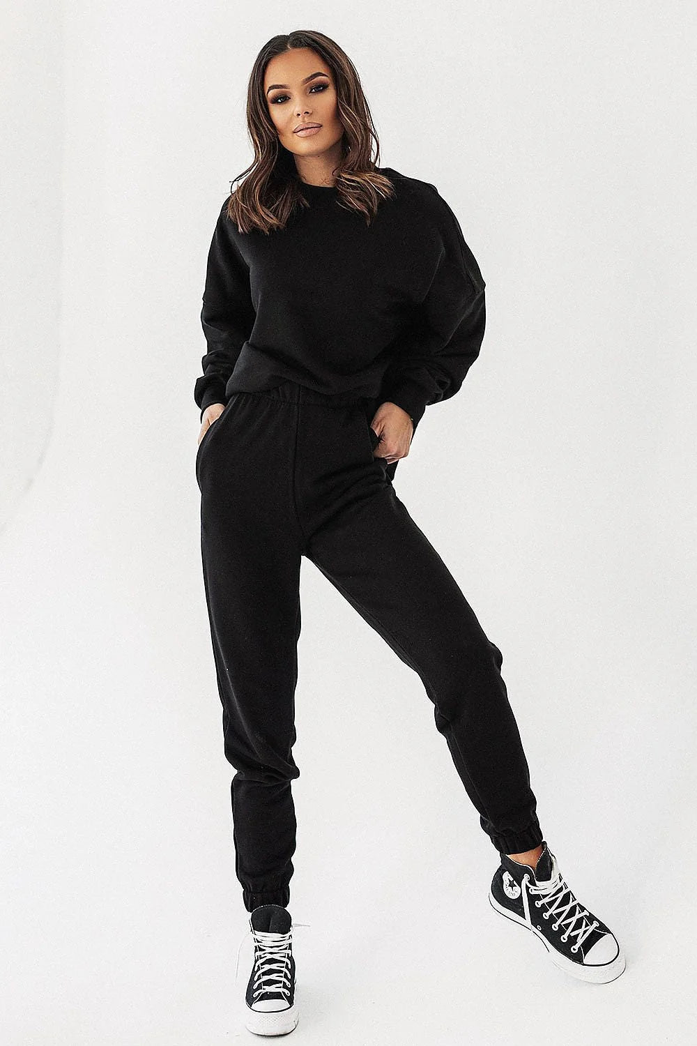 Sweatshirt IVON pour femmes, noir, oversized, col rond, manches longues, joggers assortis, ensemble décontracté, coton 92%, elasthanne 8%, mode moderne