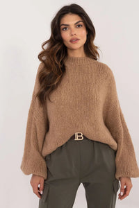 Pull femme décontracté style minimaliste couleur camel maille épaisse manches longues encolure ronde matières douces