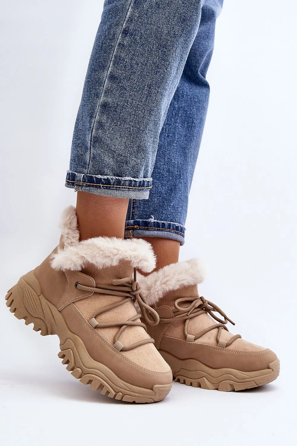 Bottes trappeur mode femme cuir écologique fourrure beige talon 6cm plateau 3.5cm style chunky