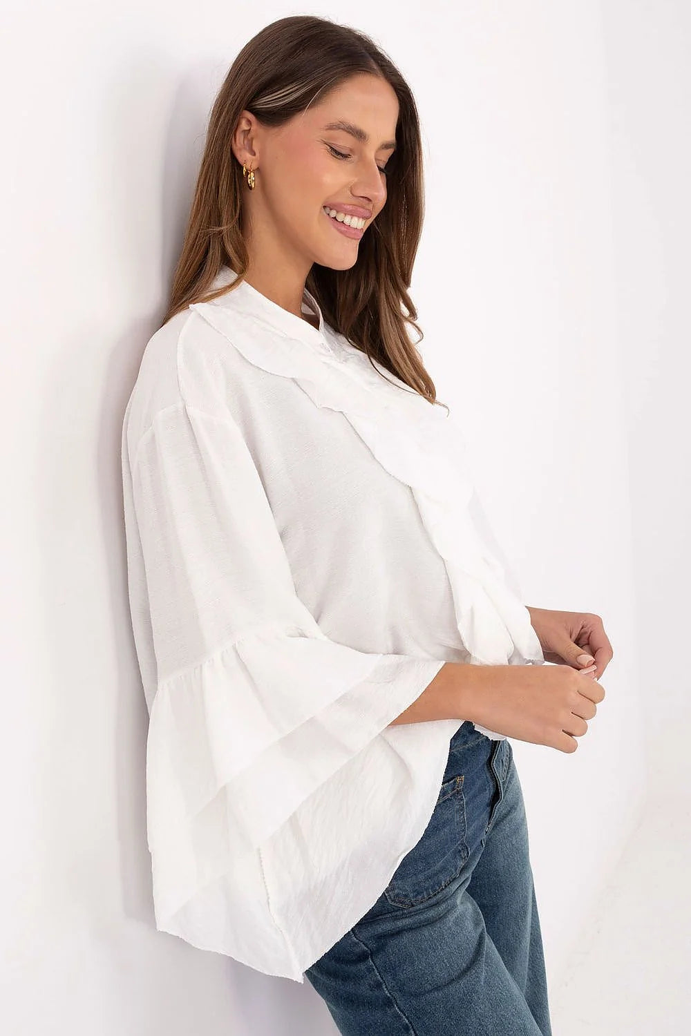 chemise femme sans col viscose fluide qualité manches longues volants mi longueur jabot boutonnage coupe classique
