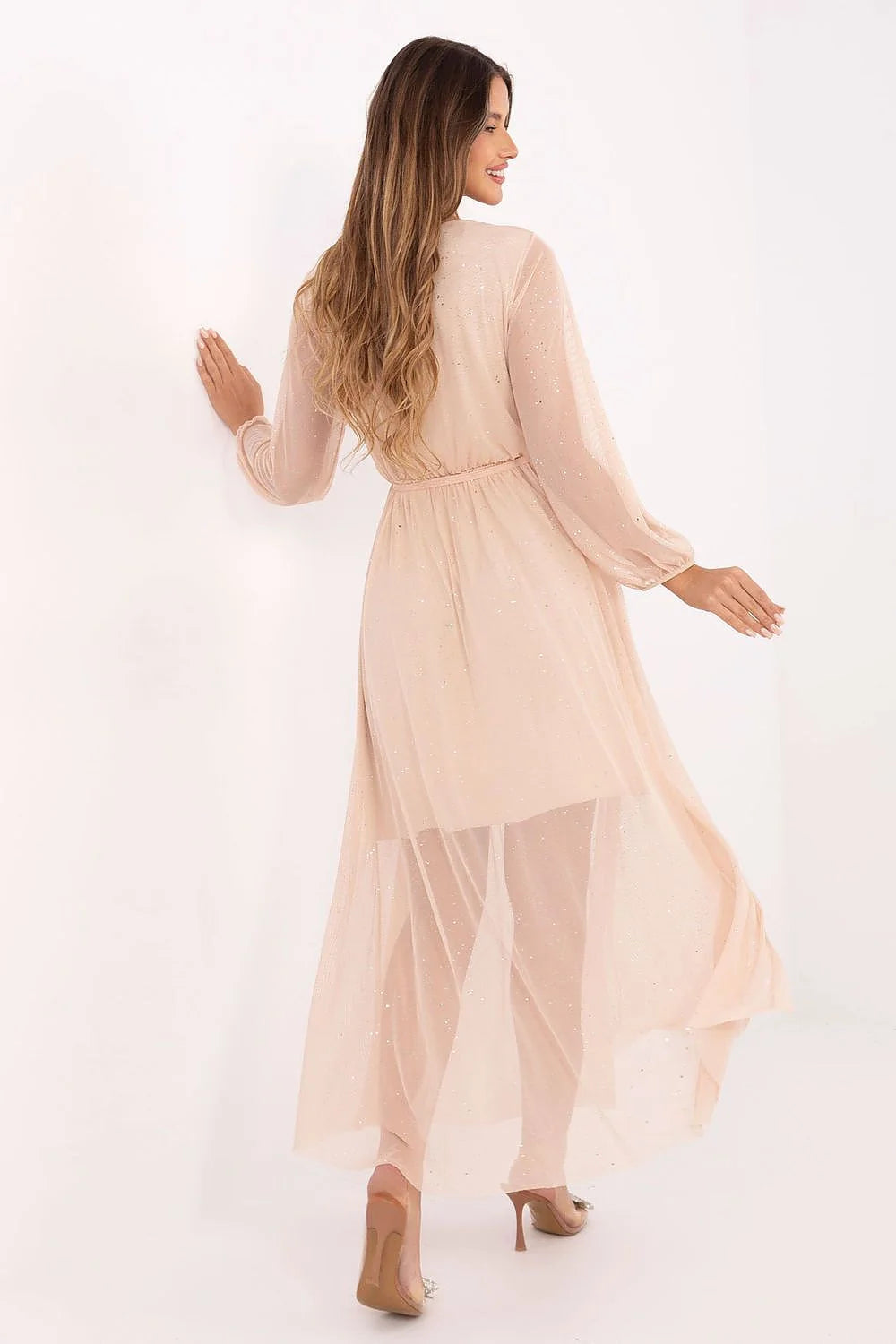 robe longue soirée cérémonie cachecoeur tulle rosé pailleté doublure jupe semitransparente manches bouffantes encolureV ceinture nouée taille cintrée
