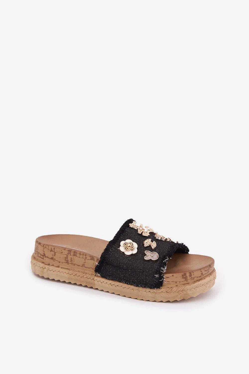 sandales femme modernes décontractées espadrilles plateforme 4cm denim noir bords effilochés breloques métalliques doré argenté motifs floraux LOVE bohème chic
