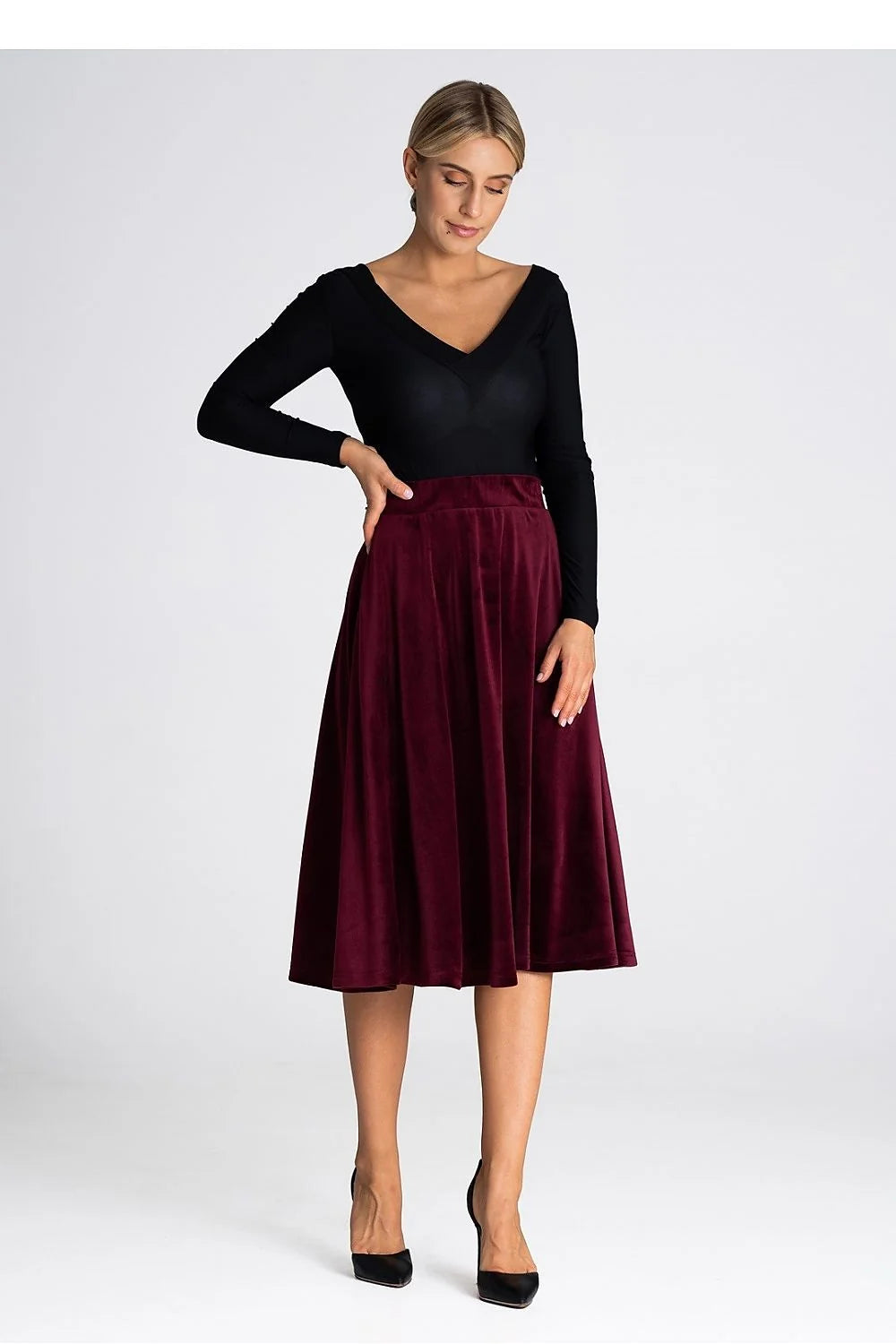 Ensemble mode femme haut manches longues jupe midi évasée bordeaux noir velours jersey taille ajustable occasion semi-formelle