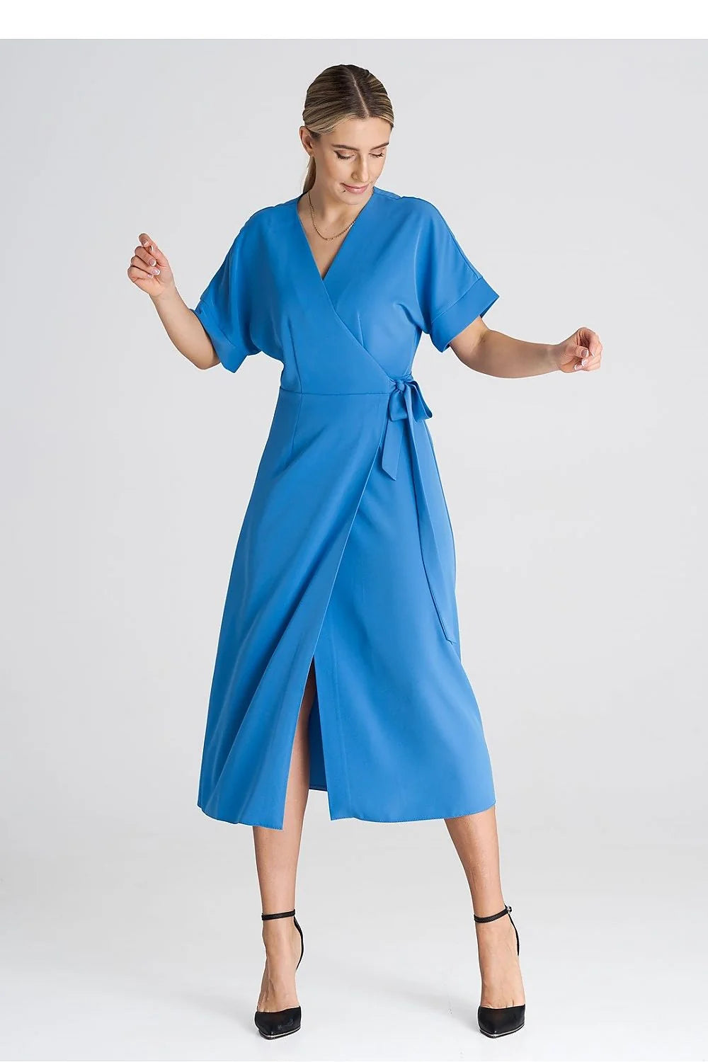 Robe de jour Figl inspiration classique élégance robe portefeuille manches courtes bleu vif sash ajustable femme