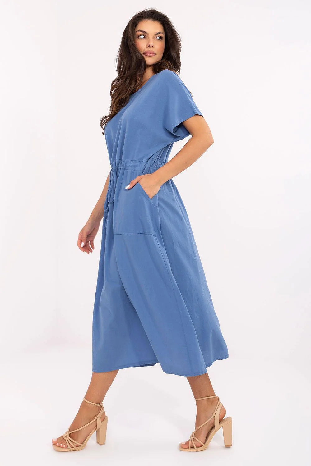 Robe de jour été coton coupe ample manches courtes taille ajustable bleu clair femme