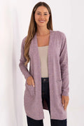 cardigan femme long mi cuisses lilas chiné maille douce légère viscose modal nylon manches longues poches plaquées bords côtelés ouvert
