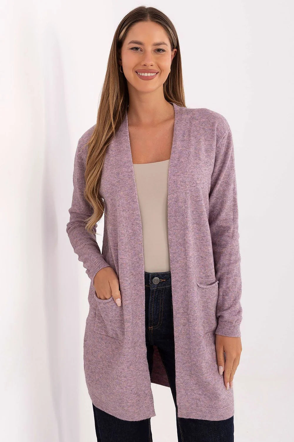 cardigan femme long mi cuisses lilas chiné maille douce légère viscose modal nylon manches longues poches plaquées bords côtelés ouvert