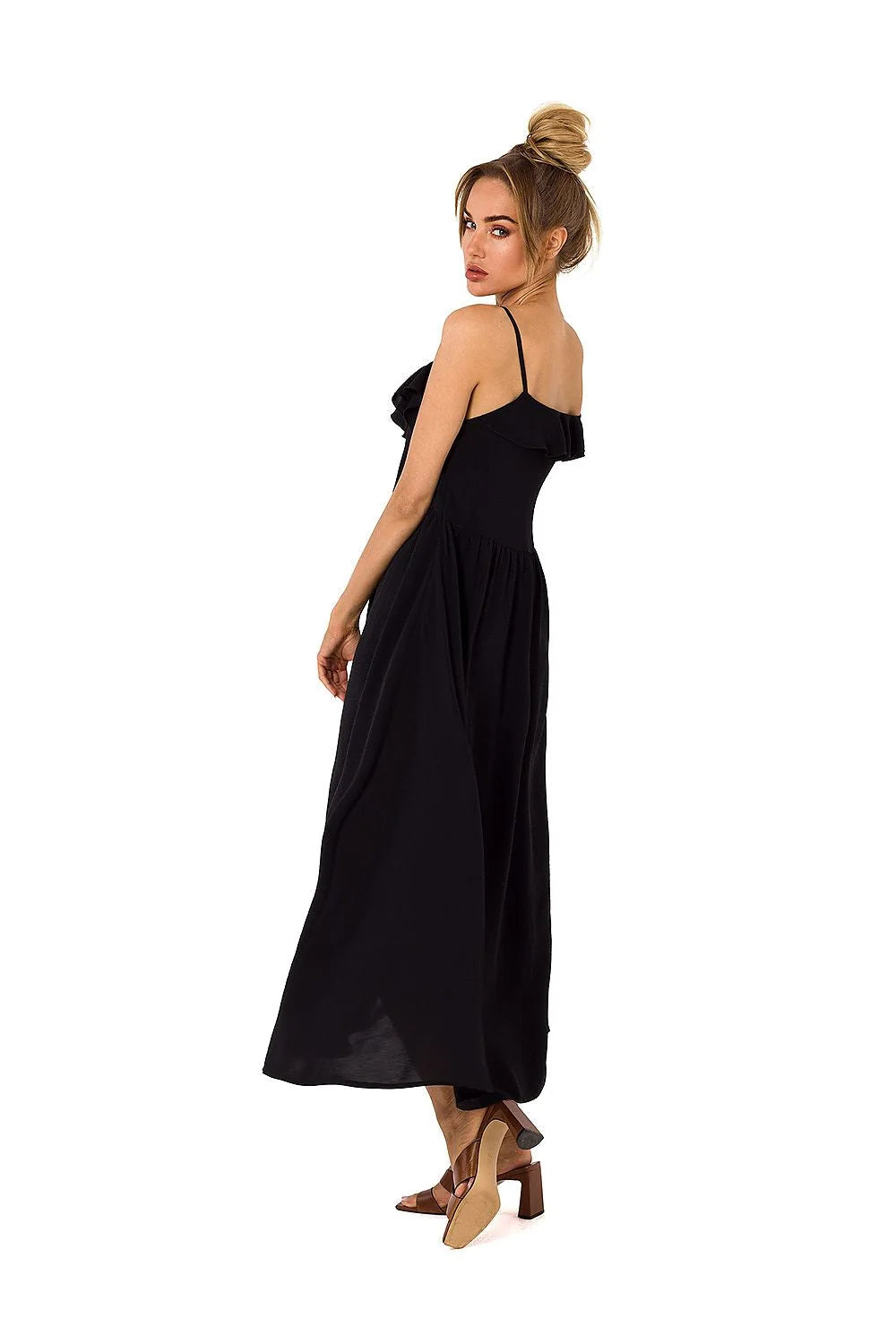 Robe de jour Moe élégante en polyester 95% avec bretelles fines et volants au décolleté en V pour femme, taille ajustable, longueur midi