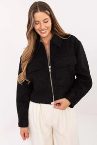 veste femme courte shacket bouclé noir fausse fourrure col chemise zippée dorée poches rabat manches longues coupe boxy