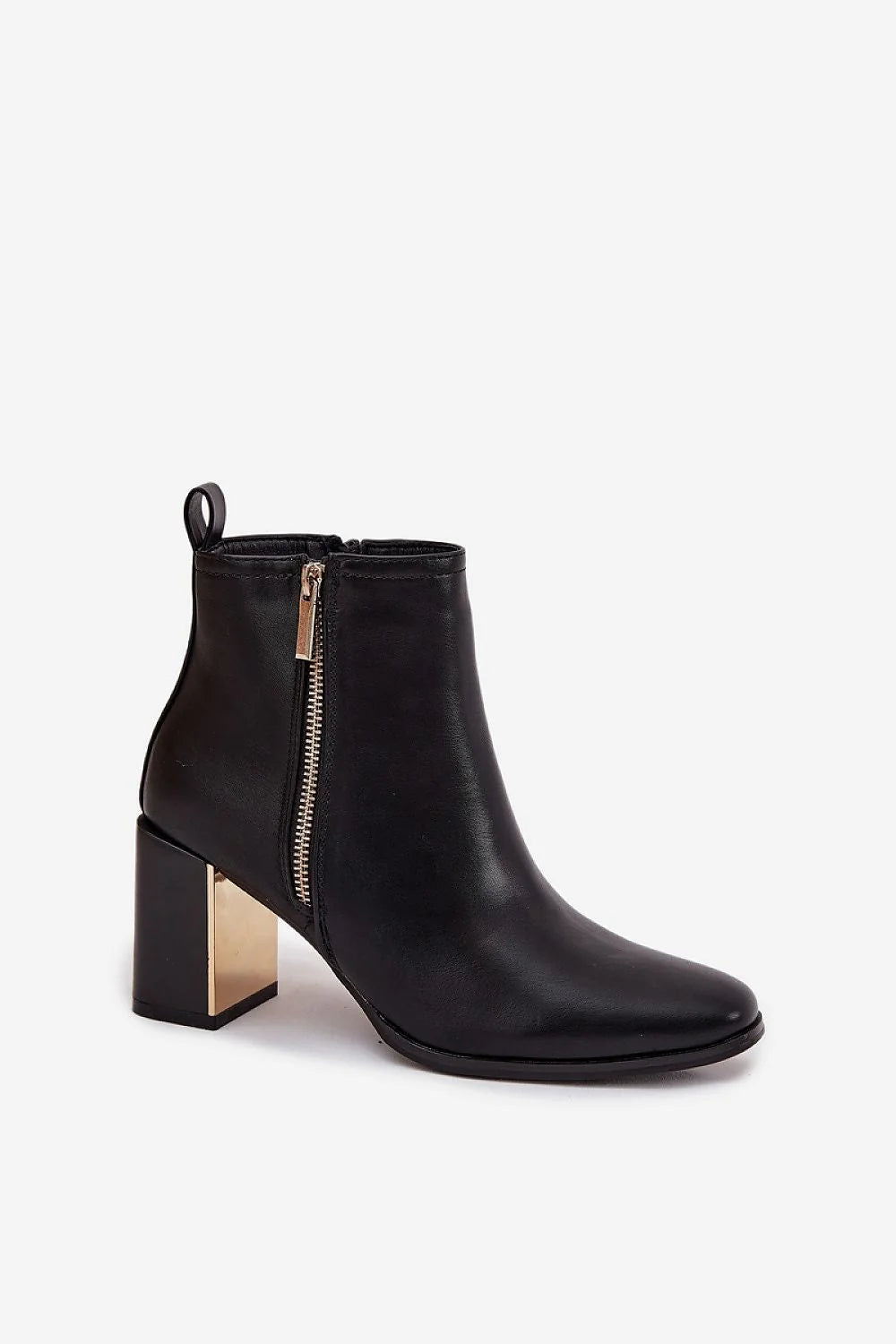 bottines femme simili cuir noir élégantes talon pilier stable confortable bout arrondi fermeture éclair latérale décorative dorée insert miroir