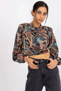 Chemisier bohème multicolore polyester élasthanne manches longues col montant motifs floraux style vintage on femme