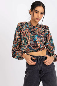 Chemisier bohème multicolore polyester élasthanne manches longues col montant motifs floraux style vintage on femme