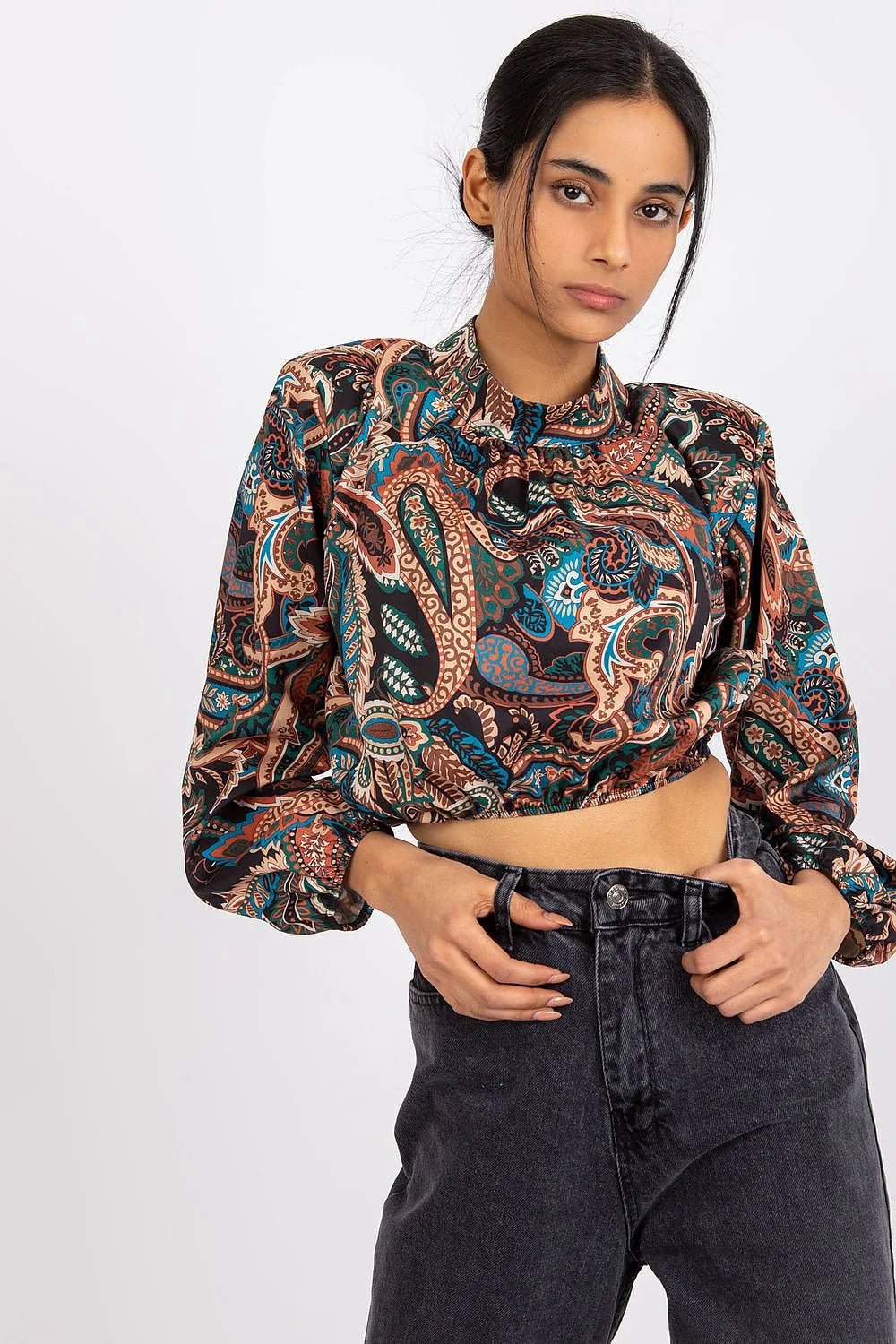 Chemisier féminin bohème multicolore manches longues col montant élasthanne polyester Italy Moda occasion quotidienne