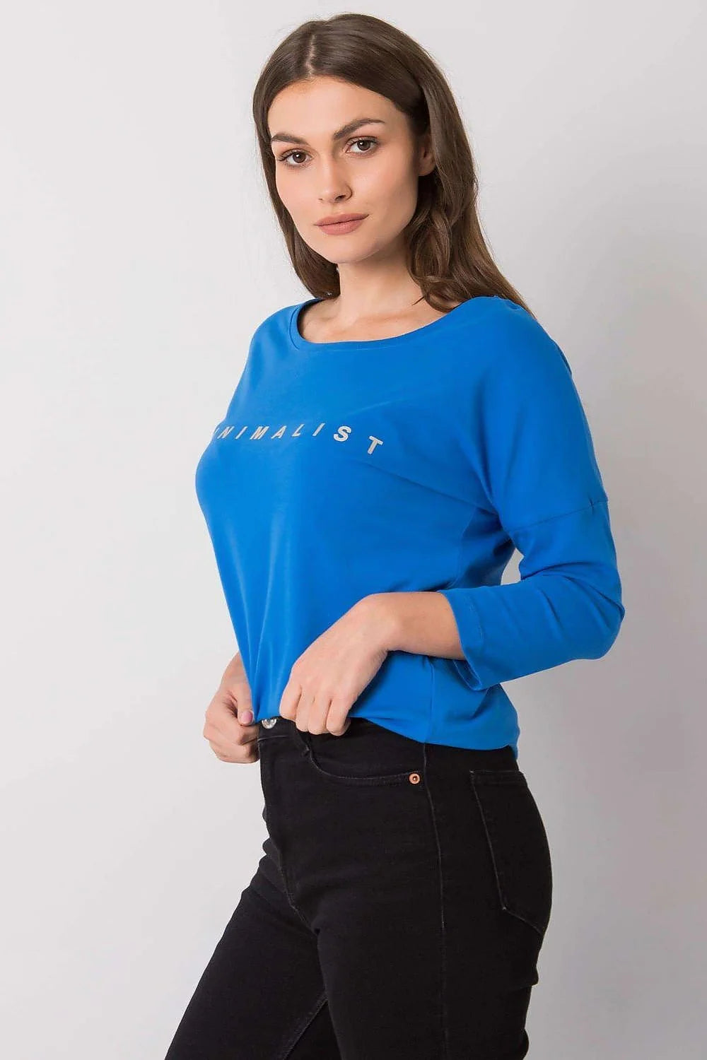 Chemisier coton extensible bleu vif minimaliste manches longues inscription moderne pour mode décontractée femmes