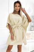 Robe de jour Numoco élégante beige matières douces coupe ample manches larges ceinture incluse femme