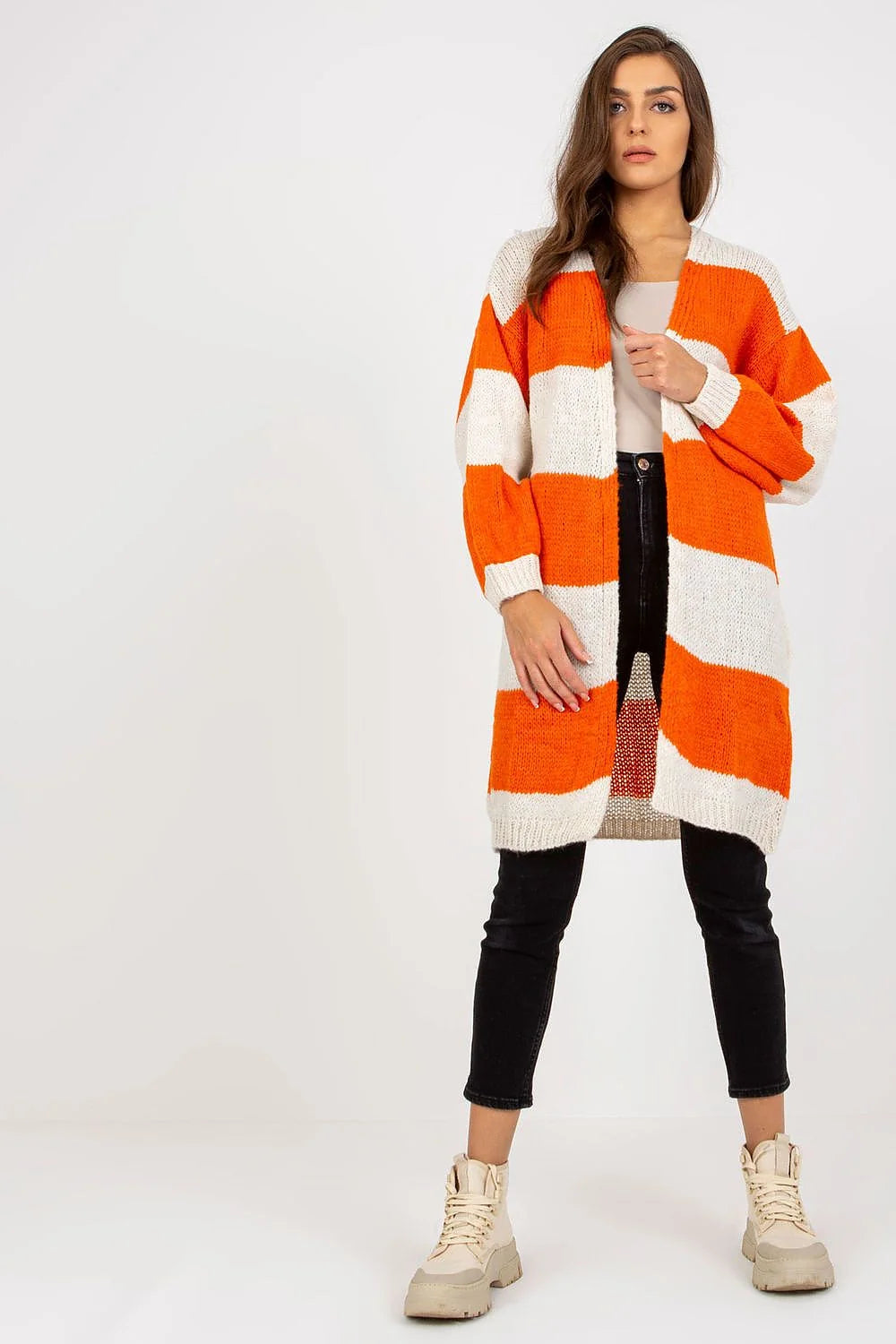 Cardigan long ample à rayures colorées manches longues maille épaisse confort thermique cardigan femme style moderne
