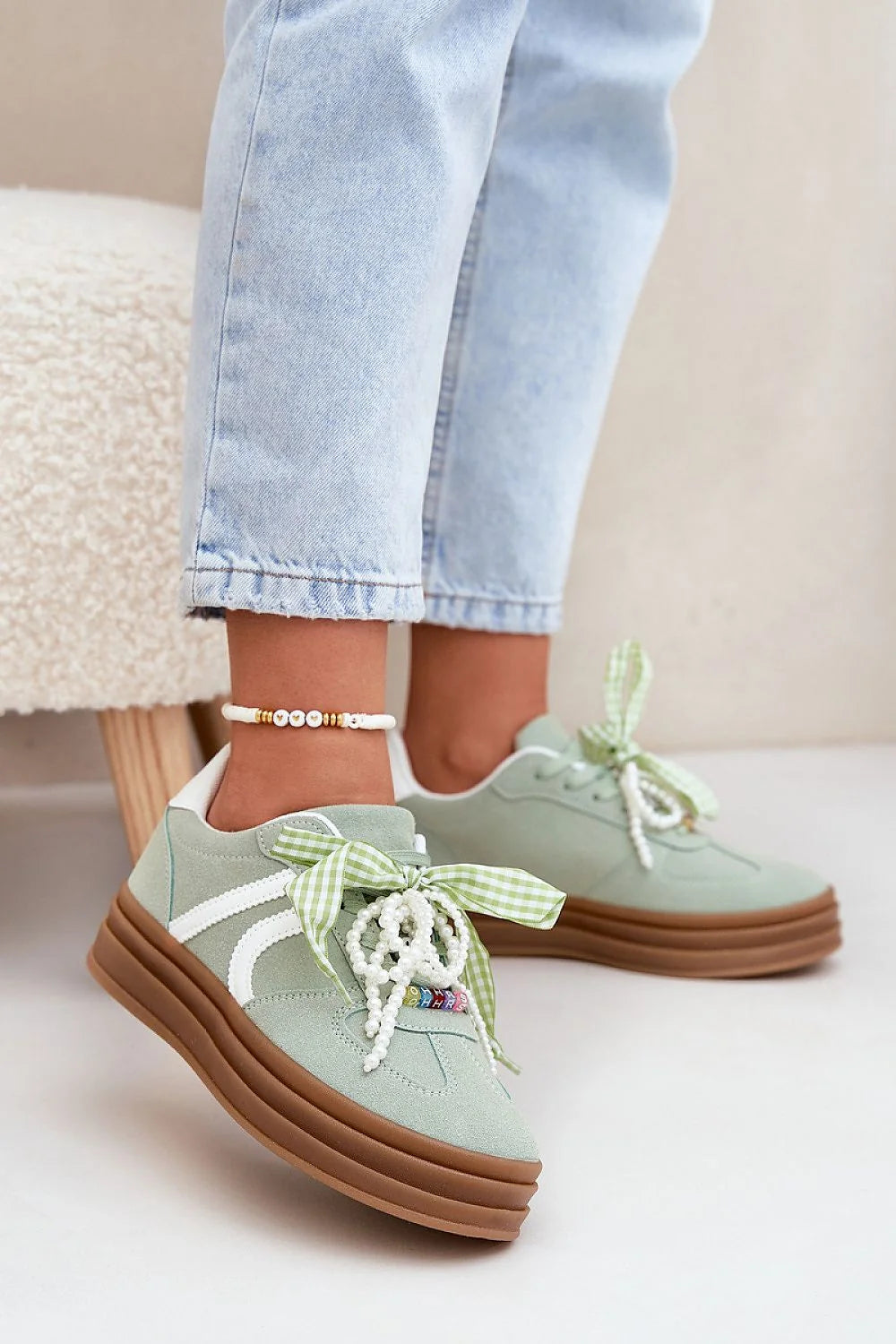 Chaussures de sport tendance pour femme style moderne basse verte menthe suède écologique semelle épaisse