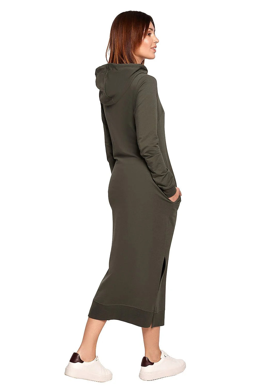 Robe sweat coton décontractée beige confortable capuche poches longues moderne femme activités quotidiennes