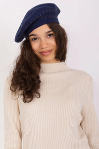 Béret classique élégant bleu marine broderies dorées acrylique coton cachemire pull tricot côtelé beige femmes automne hiver