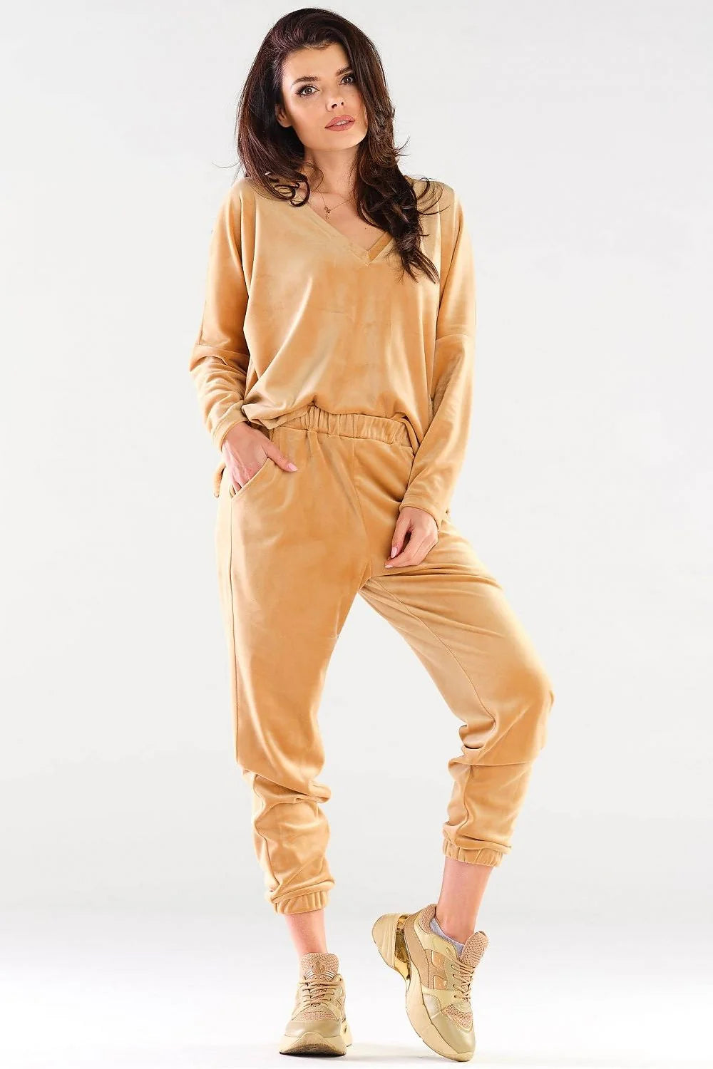 Sweatshirt femme en velours rose vif col V confortable manches longues style décontracté moderne
