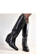 Bottes cowgirl femme hautes genou tige 35cm cuir synthétique lisse talon bloc 7cm doublées zippées rivets argentés rock