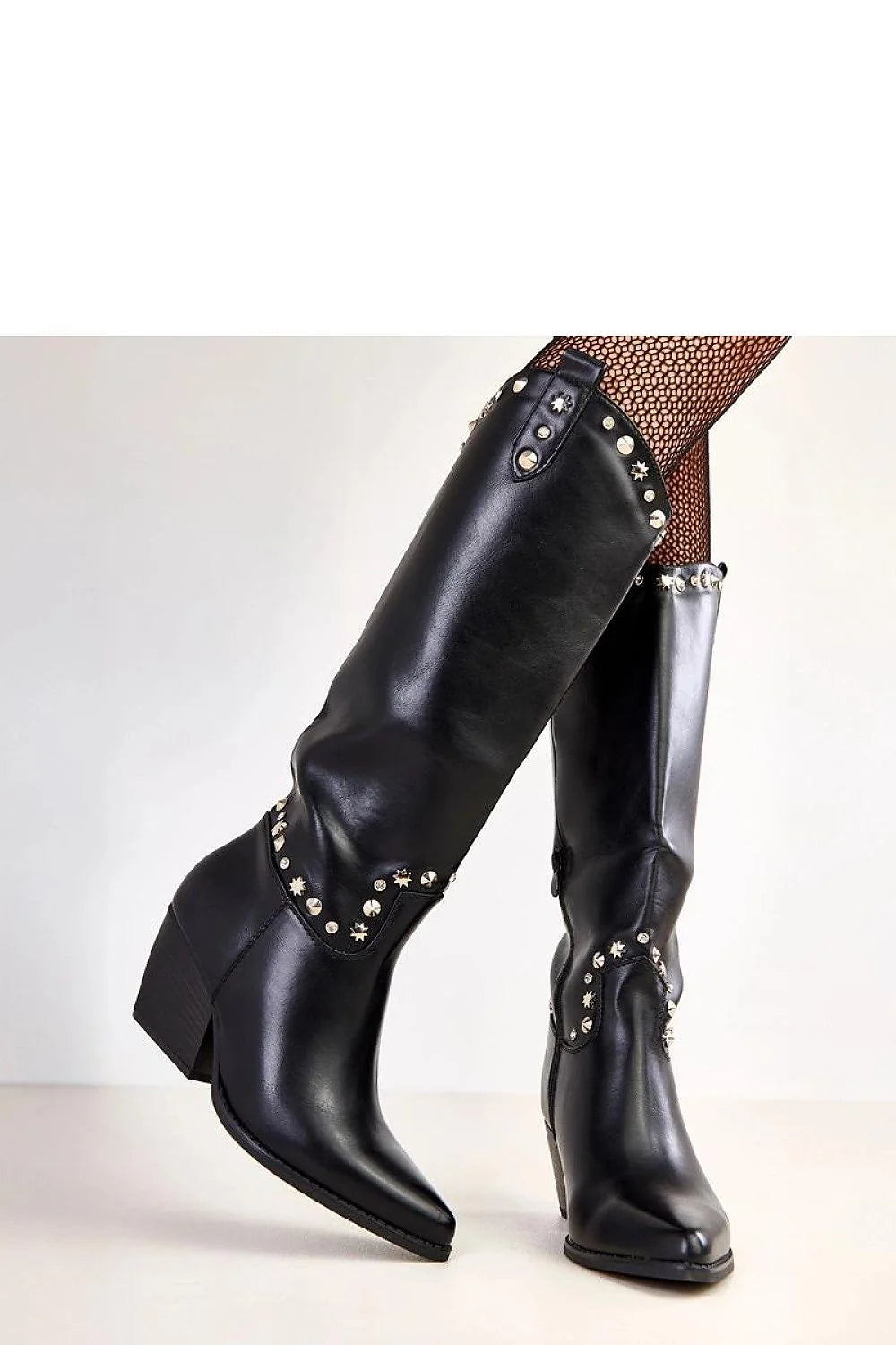 Bottes cowgirl femme hautes genou tige 35cm cuir synthétique lisse talon bloc 7cm doublées zippées rivets argentés rock