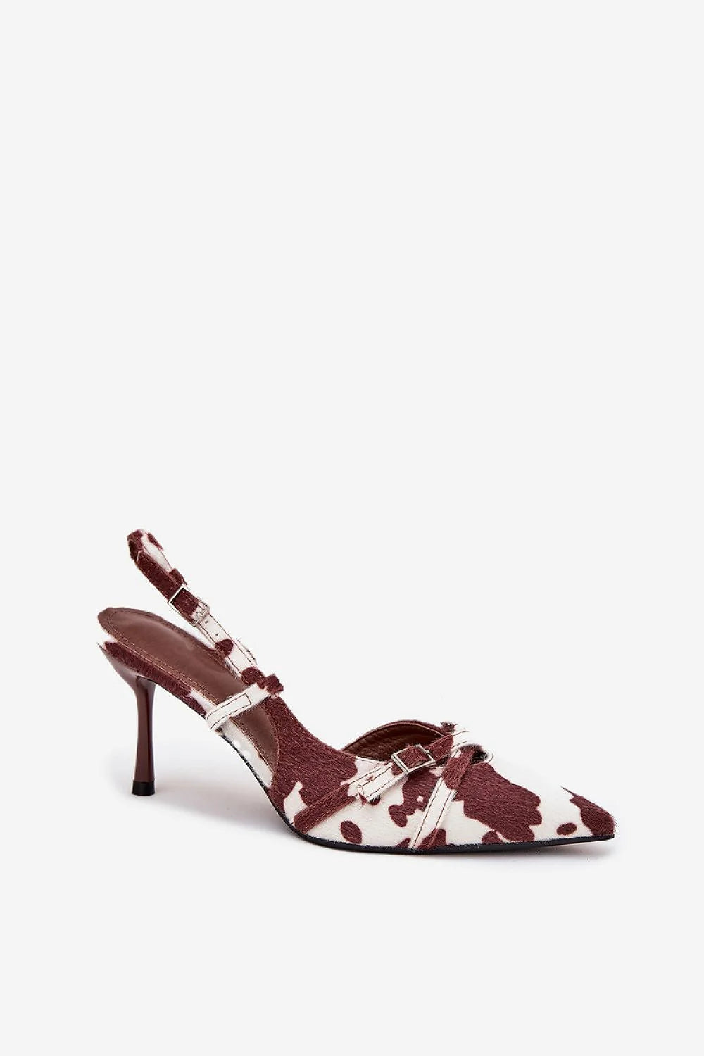 escarpins slingback femme bout pointu imprimé vache marron blanc ponyhair effet poilu texturé brides réglables boucles métalliques talon aiguille fin