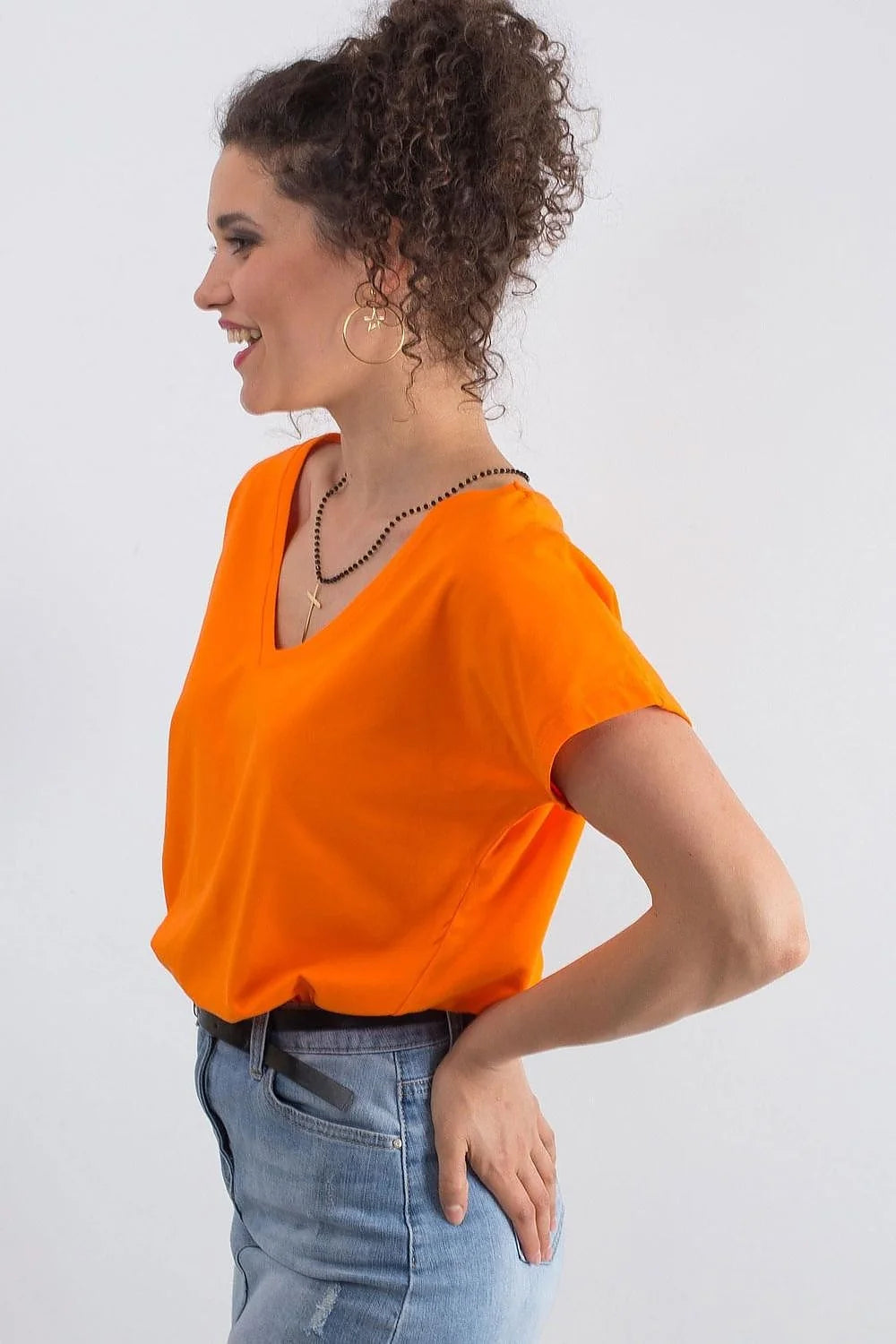 T-shirt femme loose manches courtes col V couleur verte vif coton elastane taille ajustable S M L XL XS