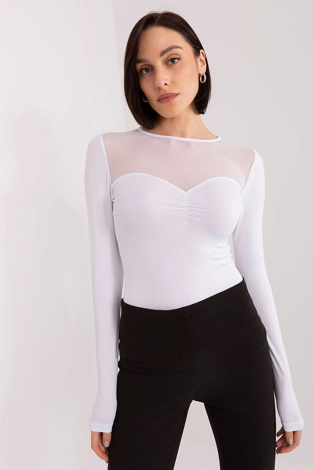 Chemisier féminin élégant longues manches tissu extensible effet brillant cœur transparent occasion professionnelle ou soirée