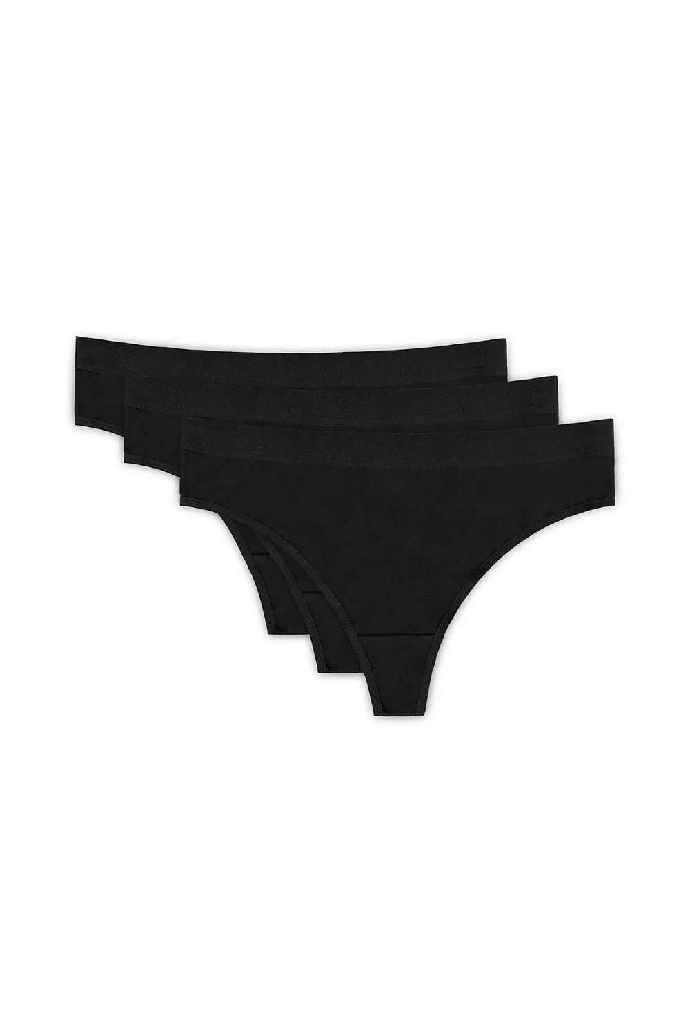 lot trois strings coton stretch doux noir basique taille basse coupe minimaliste arrière étroit invisible ceinture élastiquée plate maintien confortable