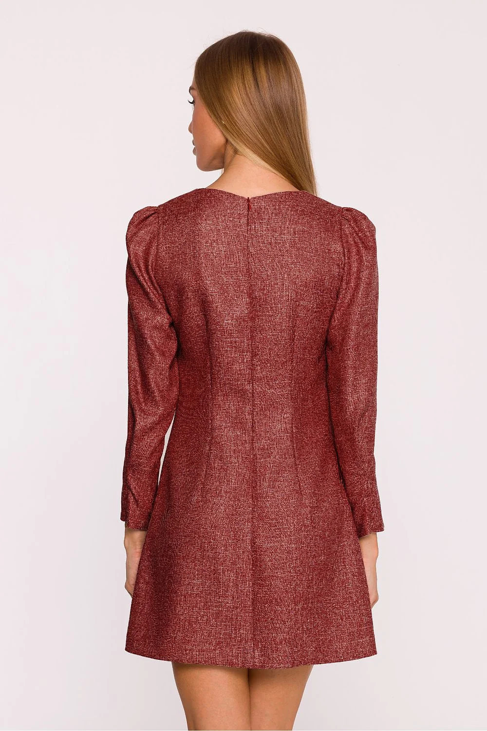 robe mini shift bordeaux métallisé tweed texturé lurex manches longues froncées épaules encolure bateau poches plaquées nœuds bijoux