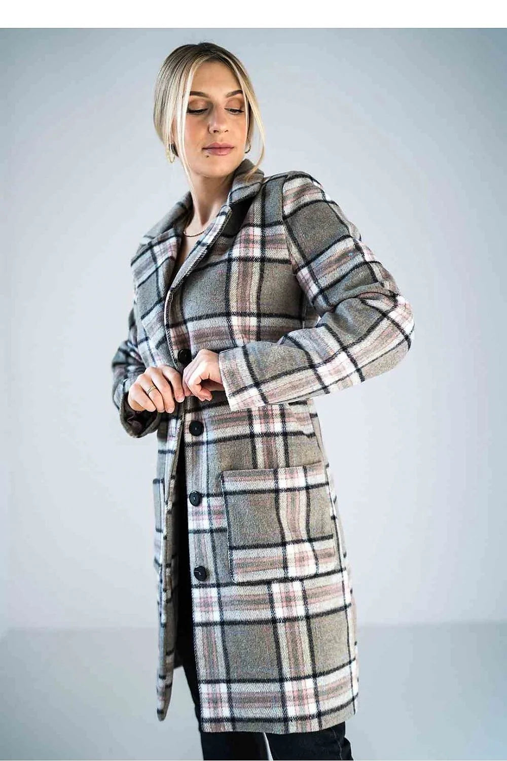 Manteau pour femme élégant à carreaux gris beige noir rose pâle col veste fermeture boutons nylon polyester taille ajustable longueur genou