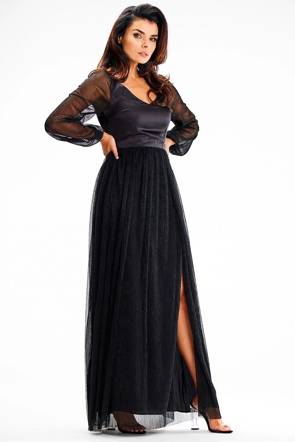 Robe de soirée élégante longue manches longues fente haute satin tulle noire femme mode