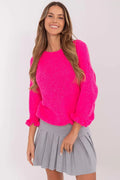Chandail femme élégant couleur rose vif manches longues volants coupe droite laine épaisse mode Casual occasion quotidienne