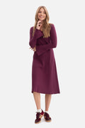 robe midi femme maille côtelée extensible prune profond semiajustée jupe évasée col V festonné manches longues ourlet ondulé