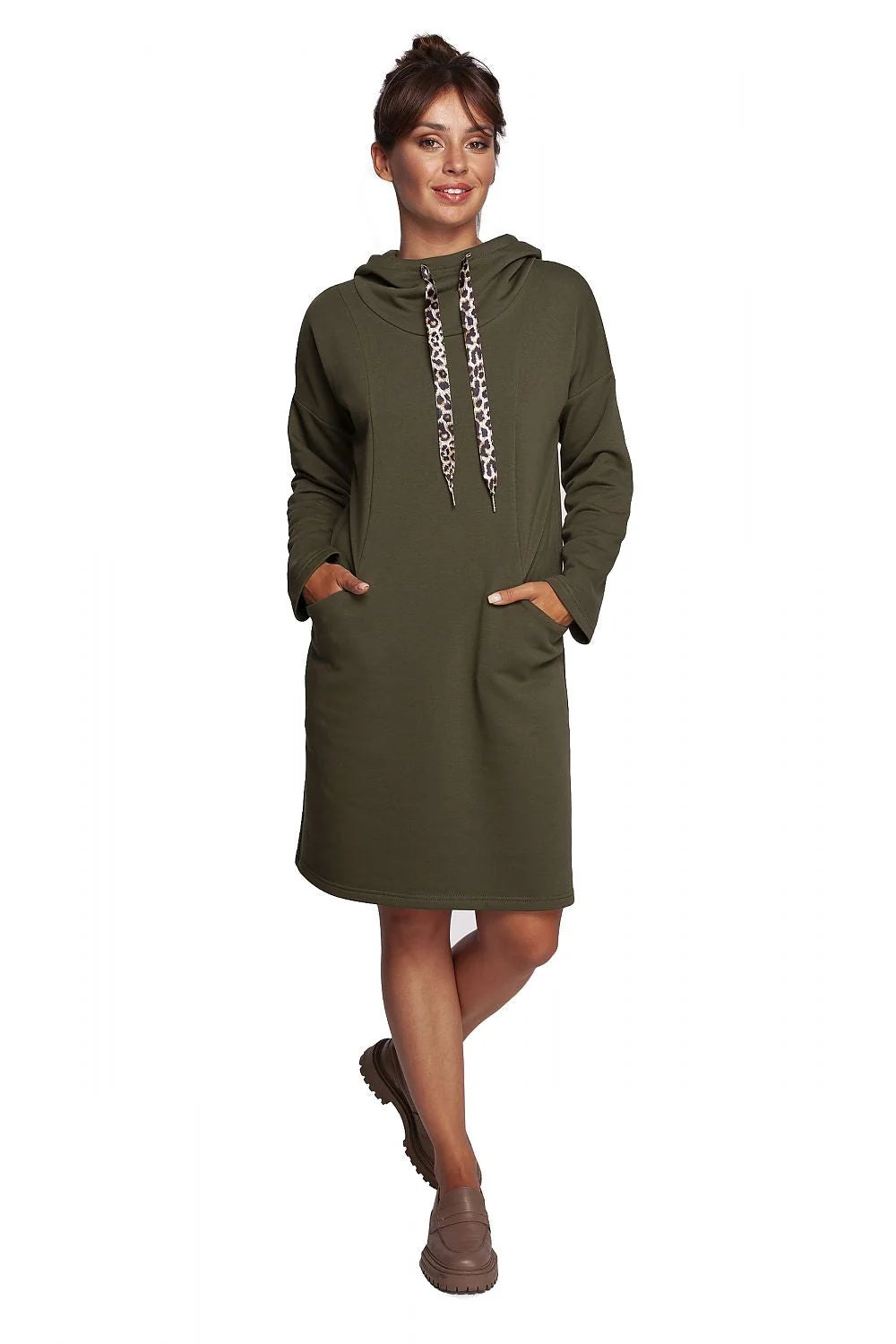 Robe femme mode décontractée capuche col montant imprimé léopard violet coton polyester confortable taille ajustable manches longues poche kangourou