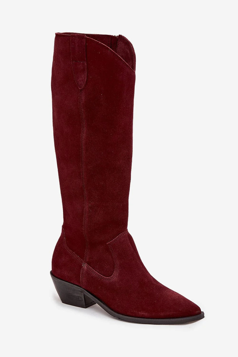 bottes cowboy femme suédine bordeaux hautes bout pointu talon bloc bas incliné surpiqûres décoratives découpe incurvée zippée latérale doublure feutre