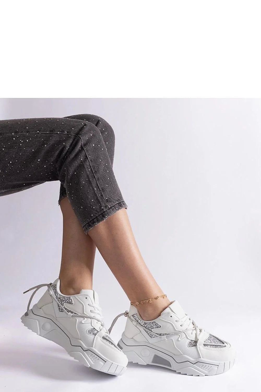 Sneakers Solea femme chunky basses semelle plateforme épaisse crantée cuir similicuir blanc empiècements argentés pailletés col rembourré laçage plat confortable
