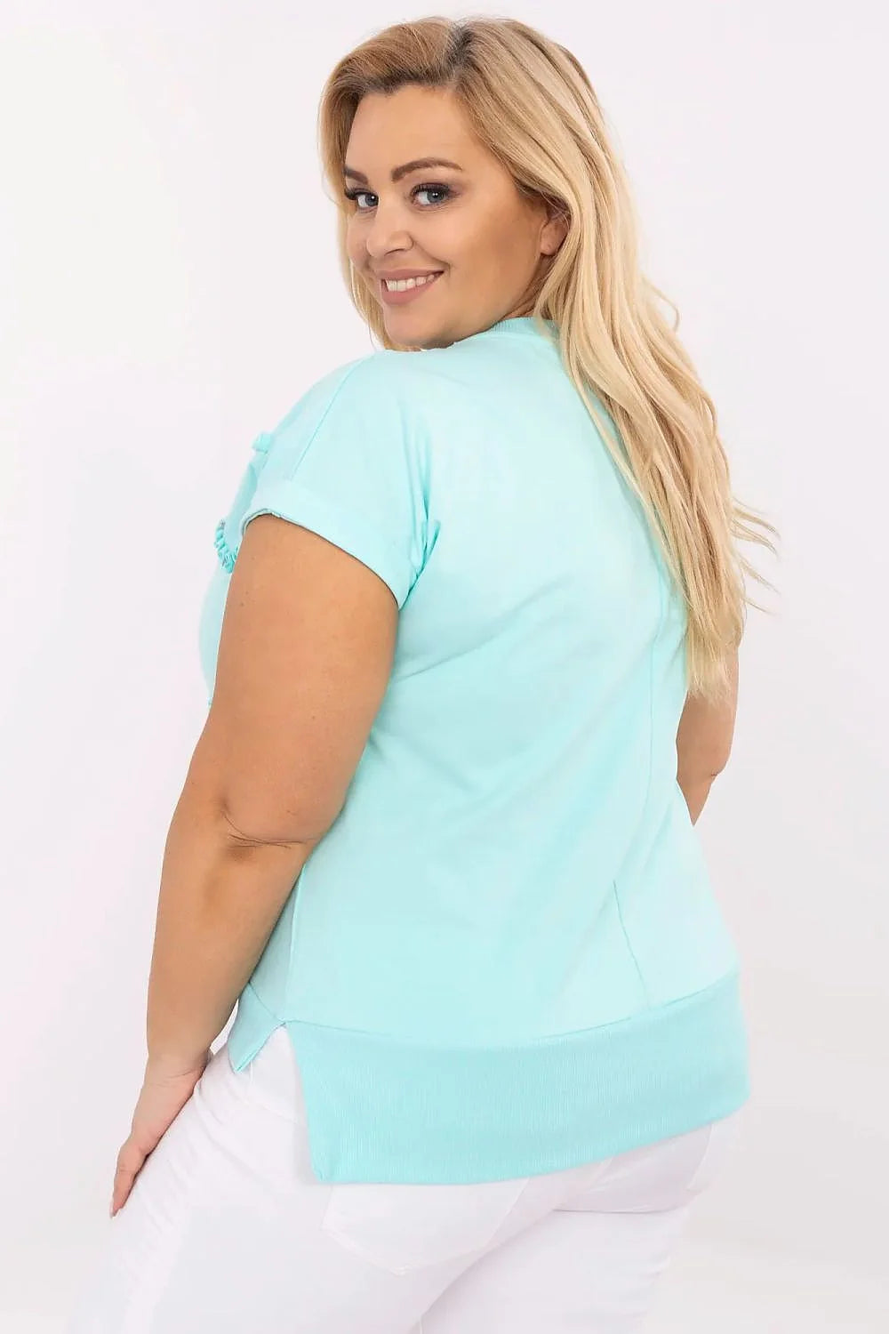 Chemisier femme grande taille turquoise style décontracté col V motifs cœurs strass coton elastane mode élégante été printemps
