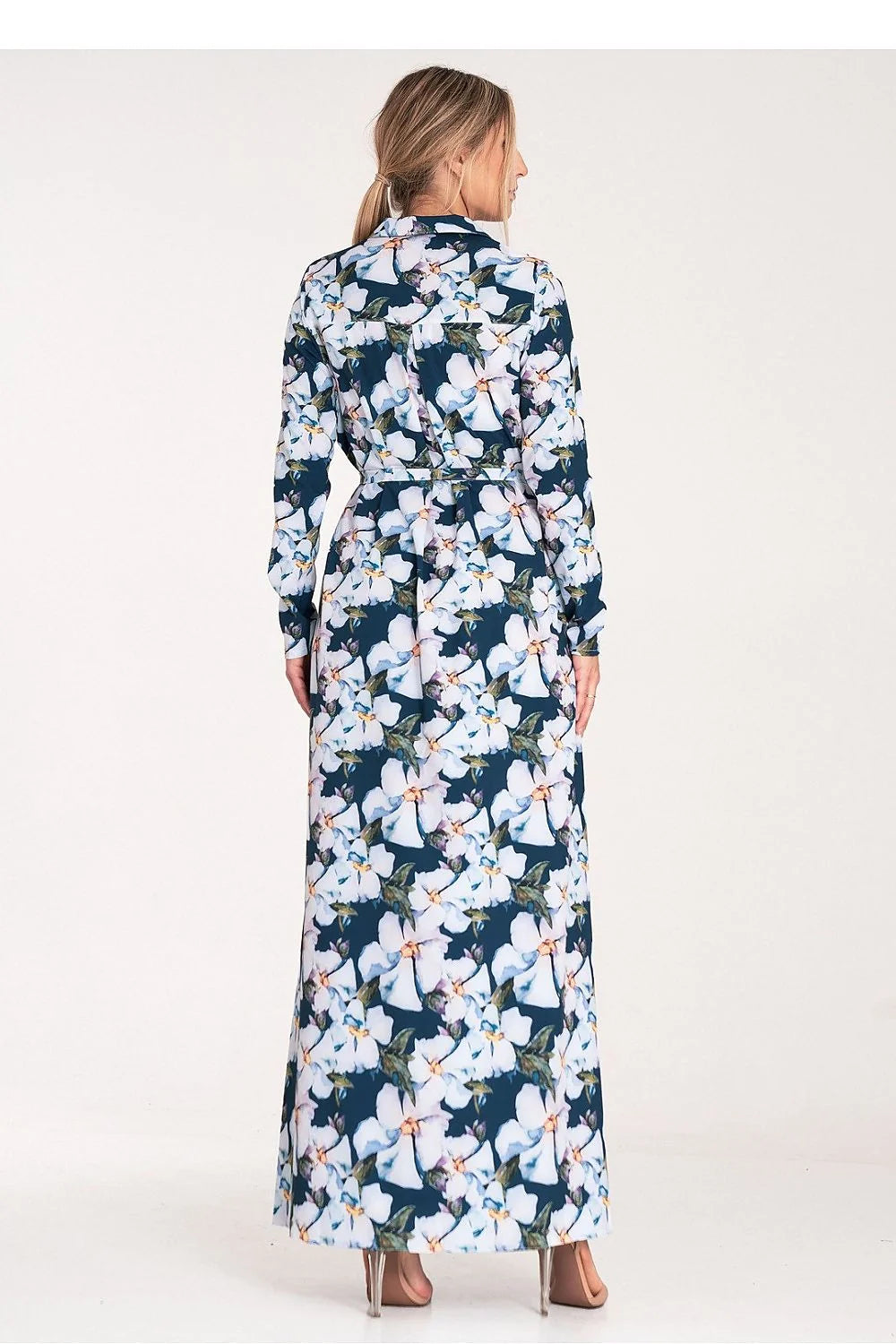 Robe longue élégante pour femme avec motif floral bleu marine fleurs blanches manches longues ceinture taille fente côté