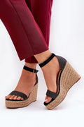 Sandales compensées espadrille femme style estival talons moyens à hauts cuir suédé noir corde tressée ajustables