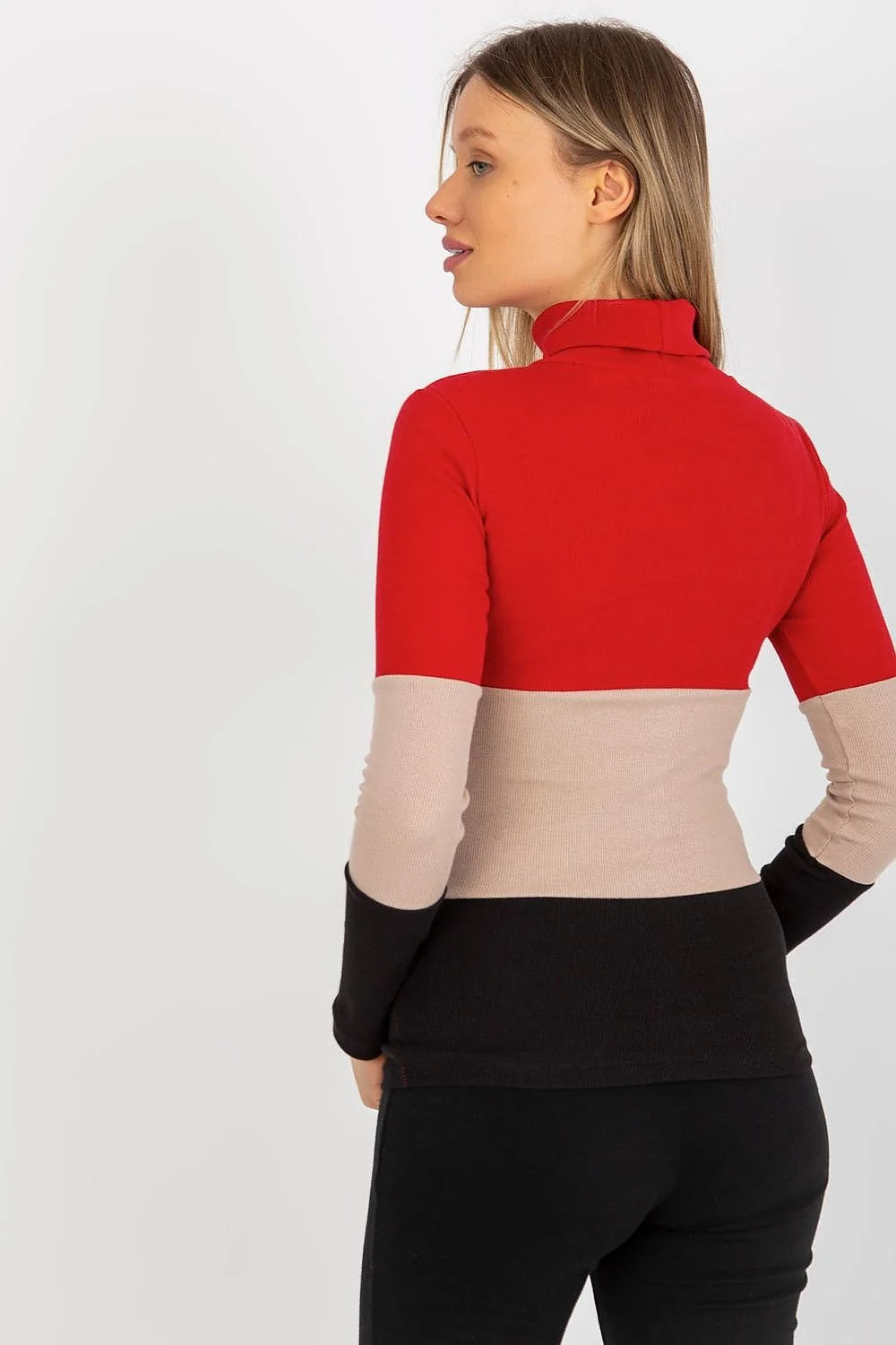 Pull col roulé multicolore maille côtelée coton élasthanne bleu rose vert ajusté manches longues ourlets nets design moderne